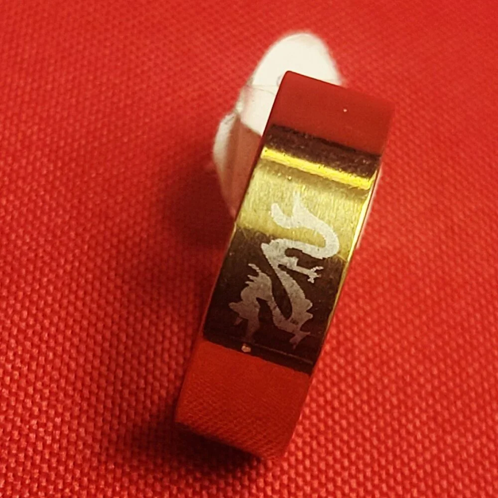 Stainless Steel Wide Band White Dragon Engraved Ring Size 21 Gold Tone Unisex